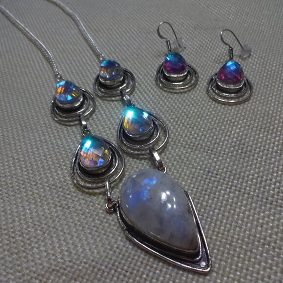 Beautiful RAINBOW MOONSTONE & RAINBOW TOPAZ Handmade Necklace & Earrings #42C - Picture 2 of 3